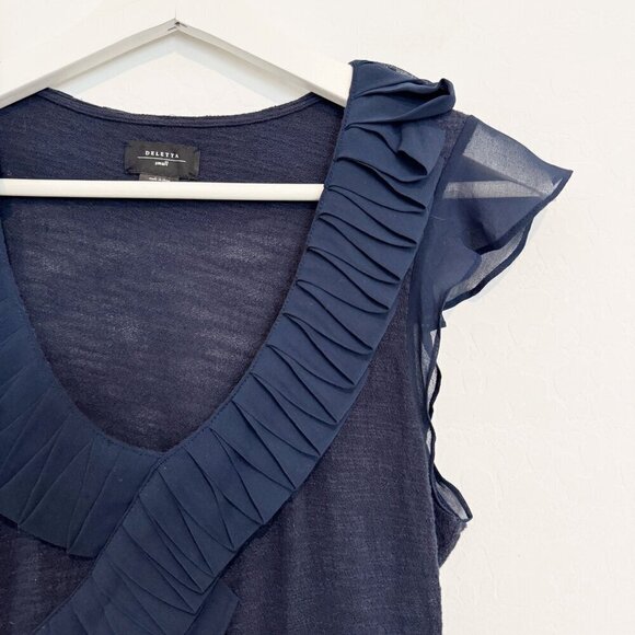 Deletta Ruffle Blouse Top Anthropologie in Navy Blue Fairy Romantic Size Small - Picture 2 of 6